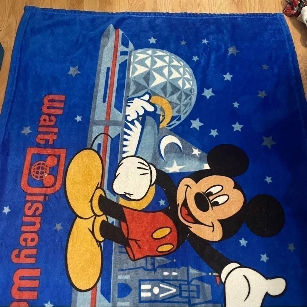 Vintage Walt Disney World Fleece Blanket Mickey Mouse Epcot Animal Kingdom Blue